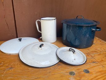 Large Enamel Pot And Other Enamel Items