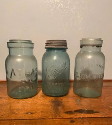 3 Vintage Blue Glass Jars - Ball, Atlas And Lightning