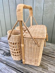 Wicker Rattan Picnic  Basket With Double Wine Bottle Holder