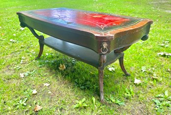 Antique Red Leather Top Lion Head Coffee Table