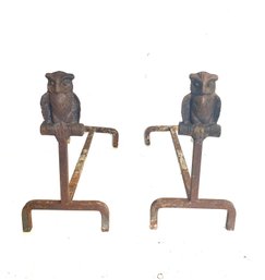 Pair Of Antique  OWL Cast Iron Andirons