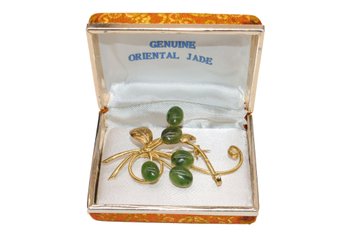 Vintage Genuine Oriental Jade Stones Brooch In Original Box