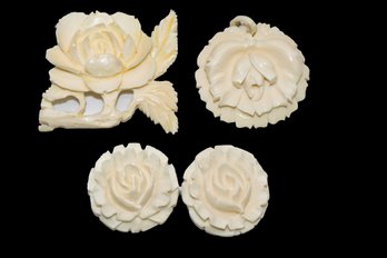 Vintage Set Of Faux Ivory Earrings, Pendant, And Brooch