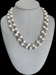 Vintage Sterling Silver Faux Pearl And Chain Necklace With Ornate Floral Clasp