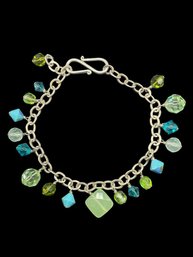 Sterling Silver Blue And Green Beaded Charm Bracelet