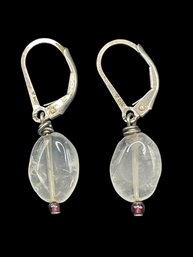 Sterling Silver Clear Quartz Bead With Small Pink Accent Bead Dangle Earrings