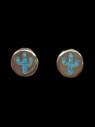 Cactus Design Stud Earrings With Crushed Turquoise Inlay