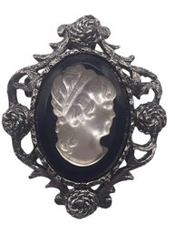 Black Stone Brooch With Vintage Clear Cameo Portrait