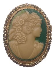 Vintage Green Cameo Portrait Brooch Decorative Border