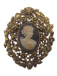 Vintage Black Cameo Portrait Brooch With Mini Pearl Accents