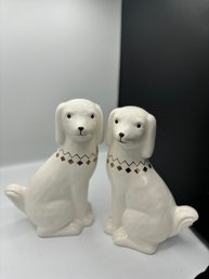 Pair Of Pier 1 Dog Figurines- White With Gold Details 10.5'