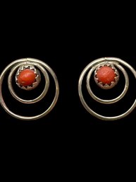 Vintage Sterling Silver Coral Double Hoop Earrings