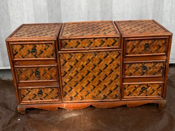 Vintage Woven Chinoiserie Bamboo Cabinet Table