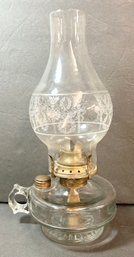 Antique E. Miller & Co Glass Oil Lamp W/ Etched Detailing On Globe