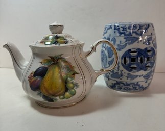 Blue And White Vintage Porcelain And Vintage Saddler With Fruit Picture