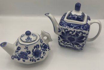 Vintage Blue And White Porcelain Teapot Grouping