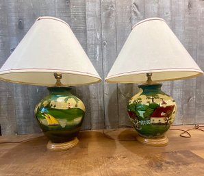 Set Of Hand Painted New England Farm Scene Themed Lamps