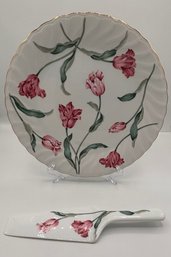 9 'Hand Painted Porcelain Floral Cake Tray With Porcelain Cake Server