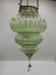 Stunning Iridescent Chartreuse Glass Hanging Lantern Candle Holder