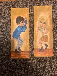 Pair Of Mid Century  Paintings Of Boy And Girl Dancing