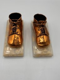 Vintage 1960s Bronzed Baby Shoe And Granite Bookends.