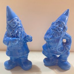 Pair Of Blue Ceramic Gnomes