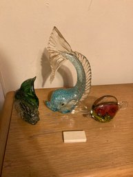 Three Art Glass Blown Fishes  Large Fish Marked Murano