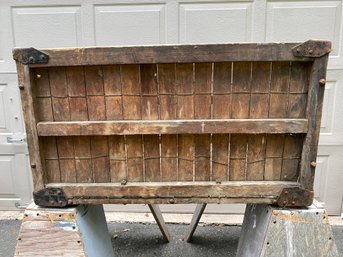 Vintage Industrial / Steampunk Wooden Factory Slat Box Crate. Iron Corners. Canvas Web Handles.