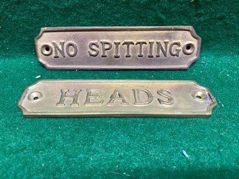 Brass 'Heads' And 'No Spitting' Plaques For Your Sailboat Or Cabin Cruiser. Yes Shipping.