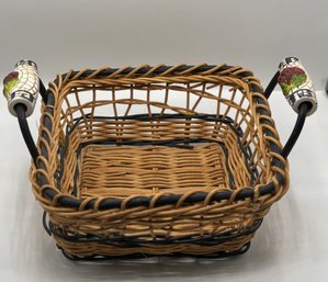 Fruit Glass Ceramic Handles Wicker Basket With Black Trim.