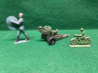 Vintage Lead Metal Soldier On Motorcycle, Soldier With Cymbals And Britains Ltd. Cannon. Yes Shipping.