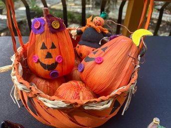 Pumpkin Basket Full Of Corn Husk Pumpkins