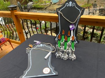 Three Tombstone Chalkboards &  Five Green Skull And Hand Candles