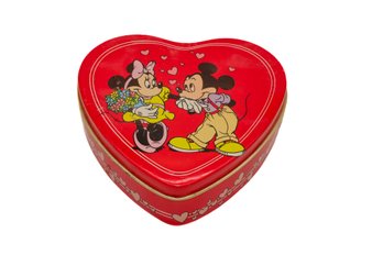 Vintage Walt Disney Mickey Minnie Heart Tin Metal Container With Lid