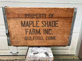 Vintage Property Of Maple Shade Farm, Inc. Guilford, Conn. Double Sided Wood Crate Box With Steel Bands.