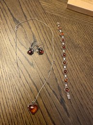 Sterling Silver Amber Bracelet, Necklace And Matching Earrings