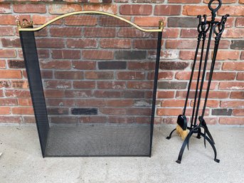 Attractive Fireplace Screen With Brass Accents With Set Of 4 Fireplace Tools On Rack. No Shipping.