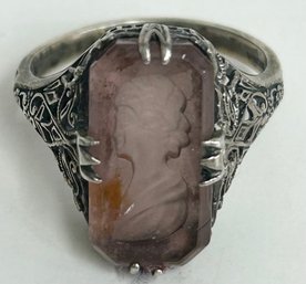 Sterling Silver Cameo Ring With Lavender Glass Intaglio