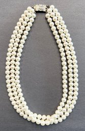 Vintage Faux Pearl 3 Strand Necklace With Rhinestone Clasp