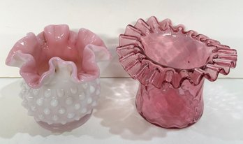 Fenton Style Pink & White Hobnail Vase And Cranberry Glass Top Hat Vase