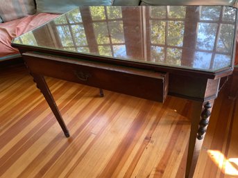 Antique 1800s Mahogany Library Writing Table With Space For Ink Wells And Custom Glass Top