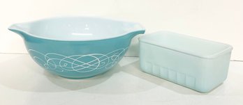 Vintage Pyrex Turquoise Scroll Cinderella Bowl & Glasbake Light Blue Refrigerator Dish