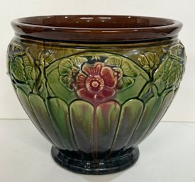 Unique Art Nouveau Botanical Glazed Pottery Jardiniere