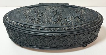 Antique Jennings Brothers Metal Silver-Scene Oval Casket Trinket Box