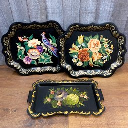 Lot Of 3 Hand Painted Toleware Trays