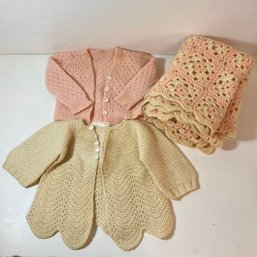 Hand Knit Baby Sweaters And Blanket