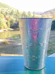 Tall Galvanized Metal Flower Bucket / Vase / Planter With Honeybee Theme