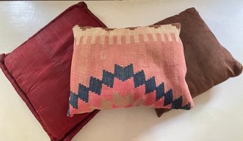 Earth Tone Throw Pillow Trio Including Woven Canvas Native Design