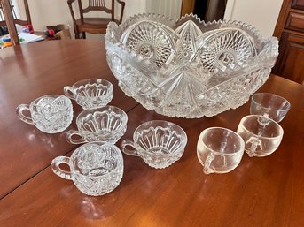 Crystal Punch Bowl And Assorted Glasses