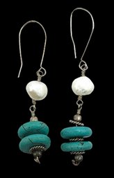 Vintage Turquoise And Pearl Beaded Dangle Earrings